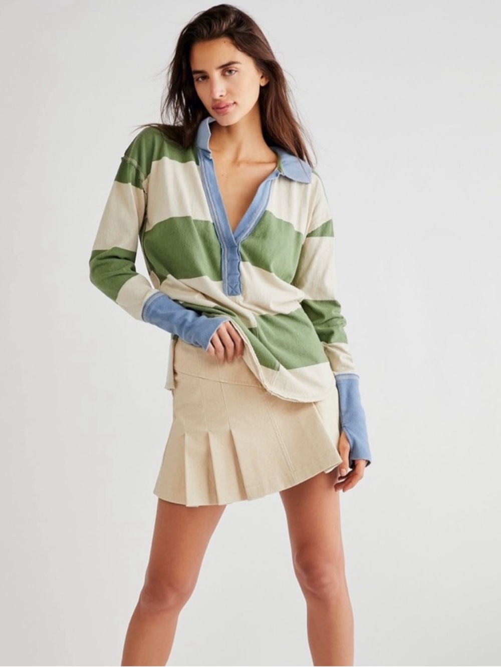 NWT We The Free People Green Striped Rugby Top Long Sleeve Thumbhole Size Medium - Picture 4 of 8